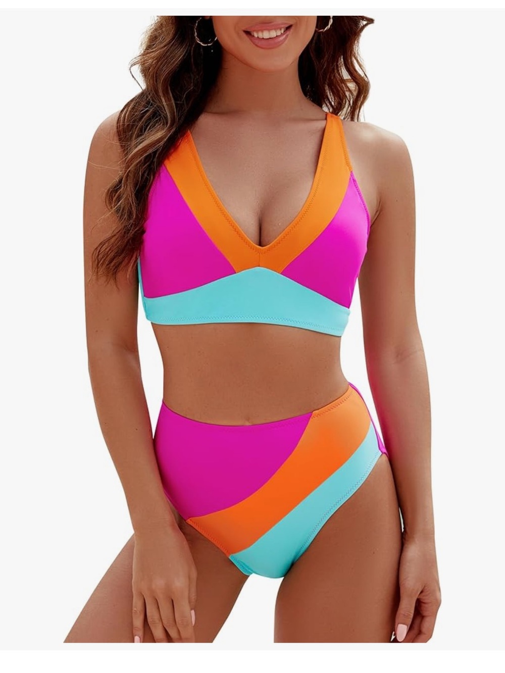 Colorblock High-Waist Bikini Set - Pink, Orange & Aqua